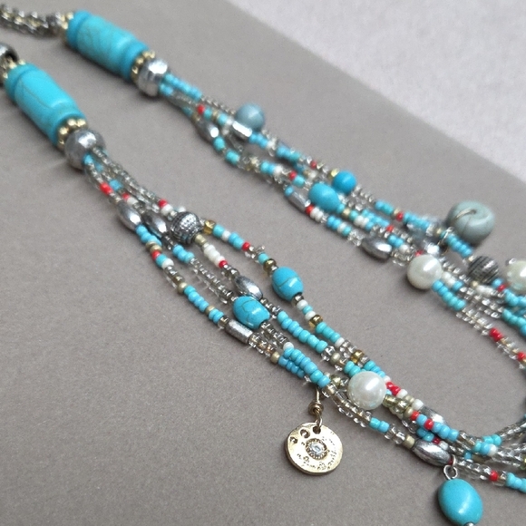 Boho Style Turquoise and Silver Multi-Strand Necklace Adjust 35 -38" - Picture 3 of 7